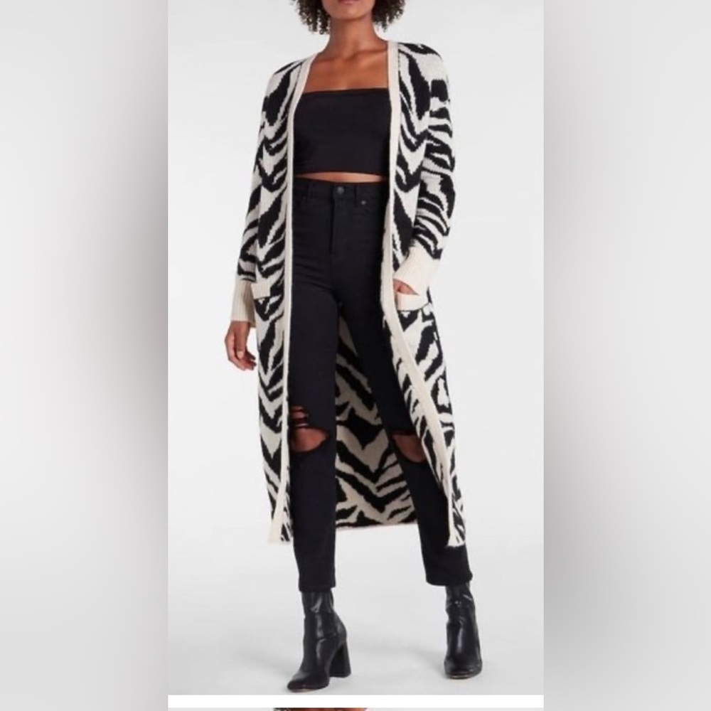 Express Zebra Print Longline Cardigan Sweater Coat L Animal Print Duster